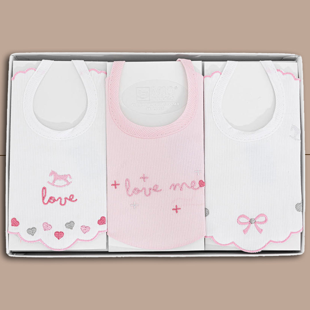 MioPiccolo Pacchetto 3 Bavette Femminuccia LOVEME,Rosa e Bianco