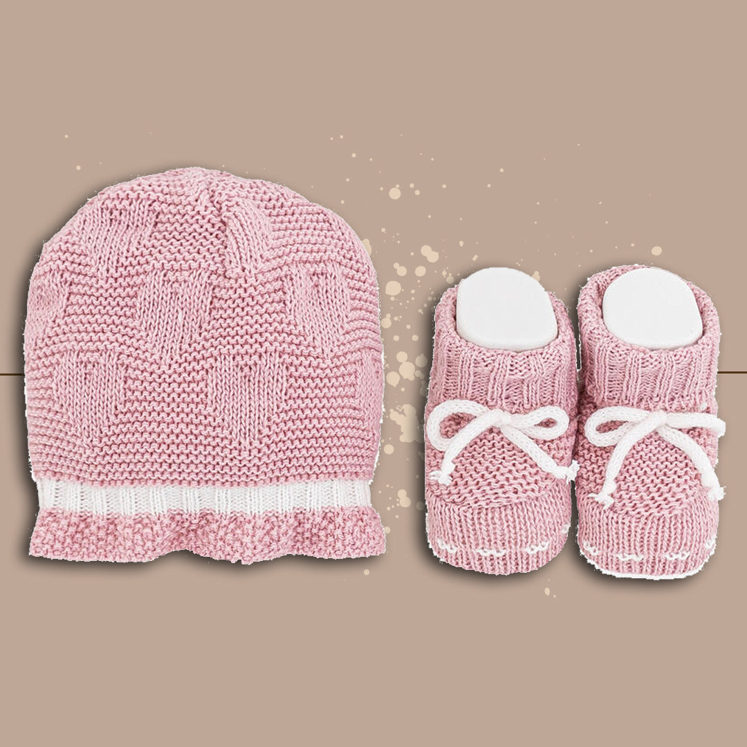 LaRocca Set Cappellino e Scarpette Neonata Invernali in Lana,Cuoricini,Rosa antico