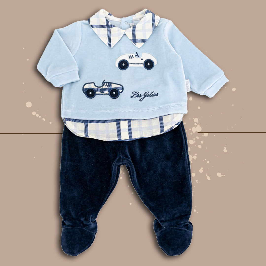 completino 2 pezzi neonato maschietto les jolies babycar ciniglia,blu-cielo