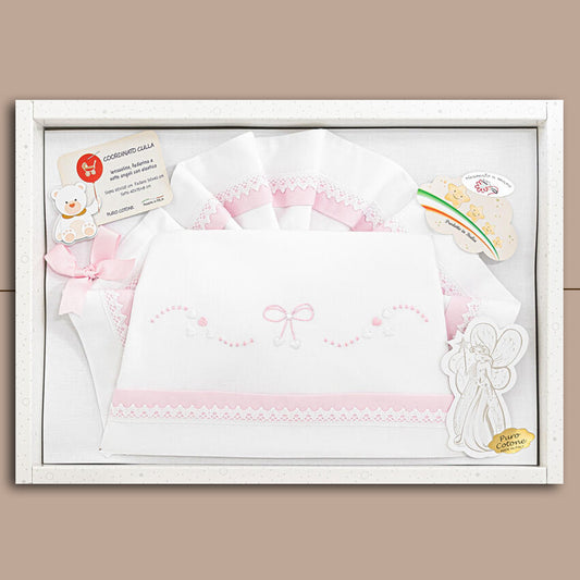 LaFatina Set Lenzuolo Culla 3 Pezzi Ricamato a Mano "Fiocchetto" 45412,Bianco-Rosa