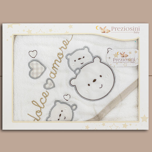 Preziosini® Accappatoio Triangolo Ricamato "Dolce-Amore" Color Bianco-Panna