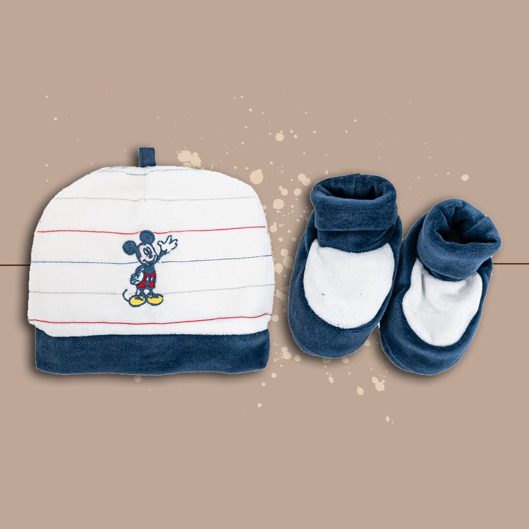 DisneyBaby Set Cappellino e Scarpine Mickey,Ciniglia,Panna-Blu