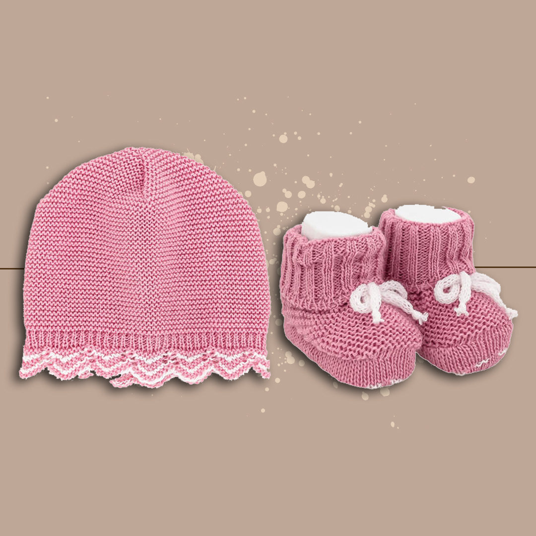 La Rocca Set Cappellino e Scarpette Femminuccia Neonata Lana-Cotone , Rosa