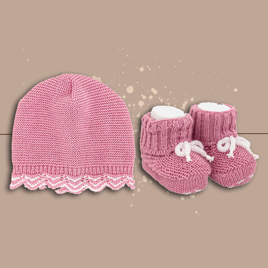 La Rocca Set Cappellino e Scarpette Femminuccia Neonata Lana-Cotone , Rosa