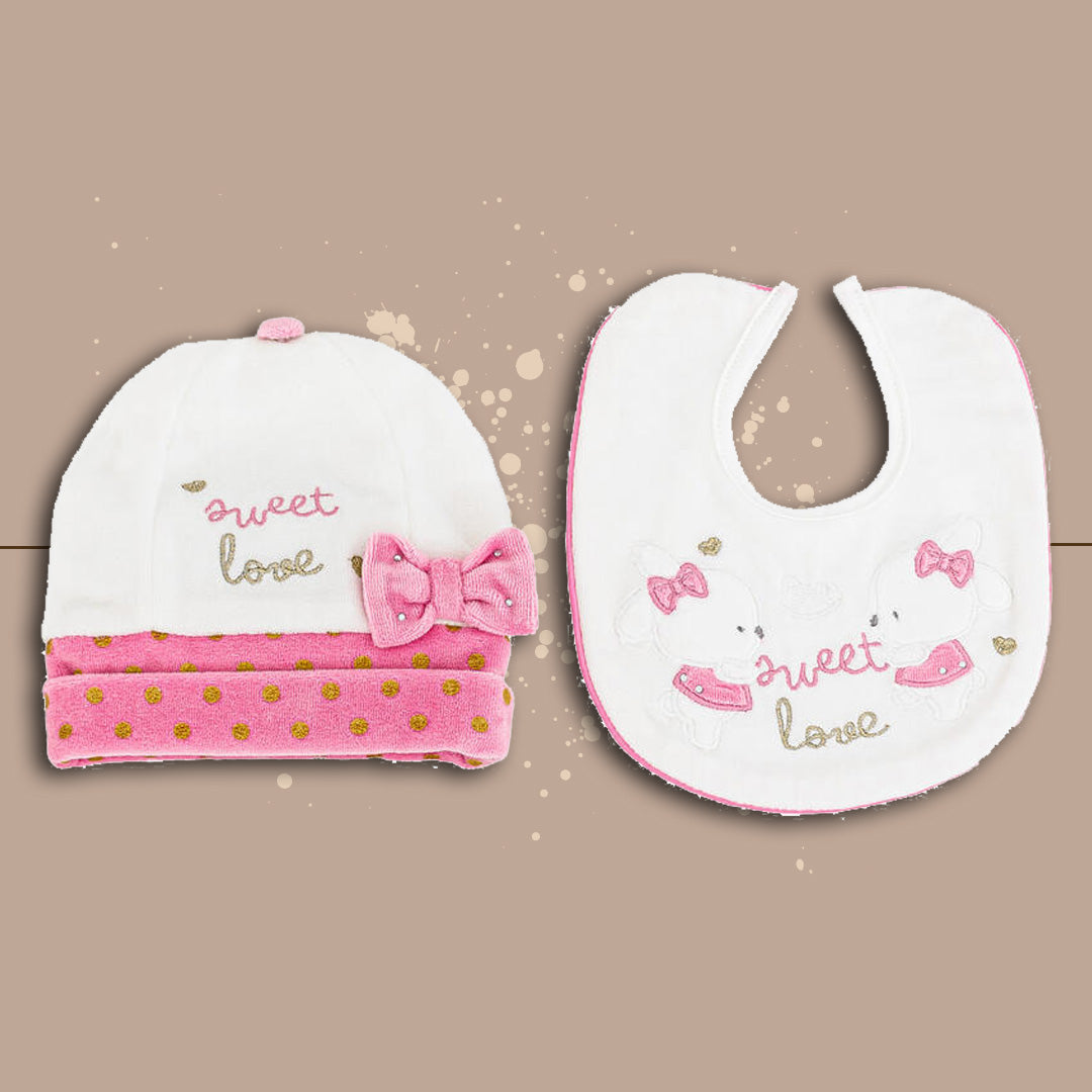 MioPiccolo Set Cappellino e Bavetta SweetLove,Ciniglia,Bianco-Rosa