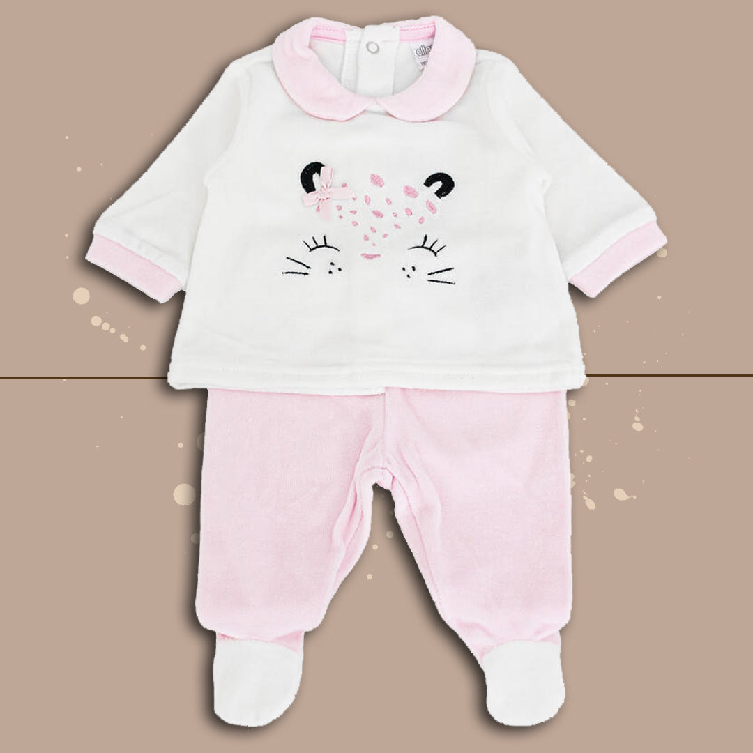 completino 2 pezzi ellepi neonata femminuccia ciniglia cute cat,bianco rosa