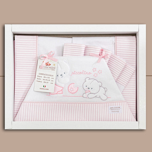 Preziosini Set Lenzuolo Culla 3 Pezzi PICCOLINO PRLC400-DIS9,Bianco-Rosa