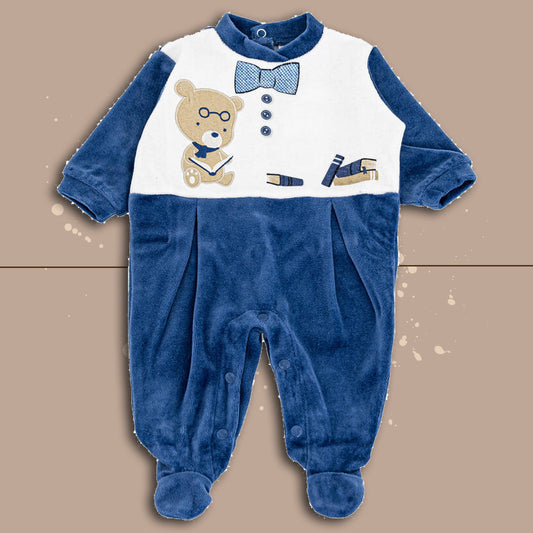 ellepi tutina maschietto neonato student bear in ciniglia,bianco-blu