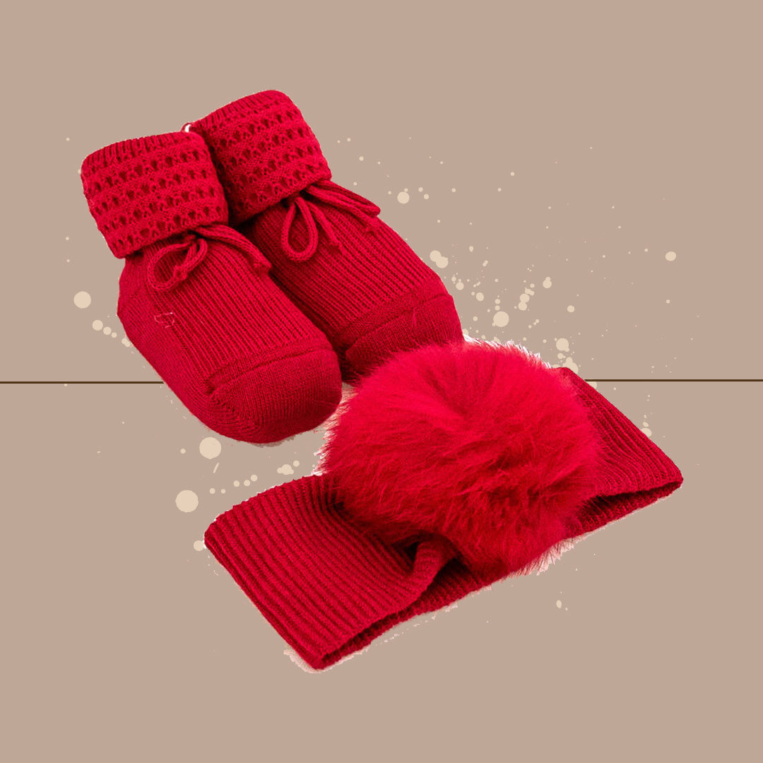 BelPiccino Set Fascetta e Scarpine PonPon,Caldo Cotone,Rosso