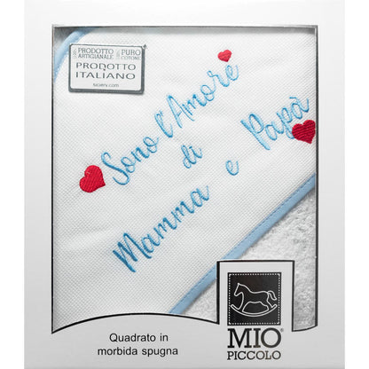 Accappatoio Triangolo Neonato MIOPICCOLO Amore di Mamma e Papà.Bianco-Cielo