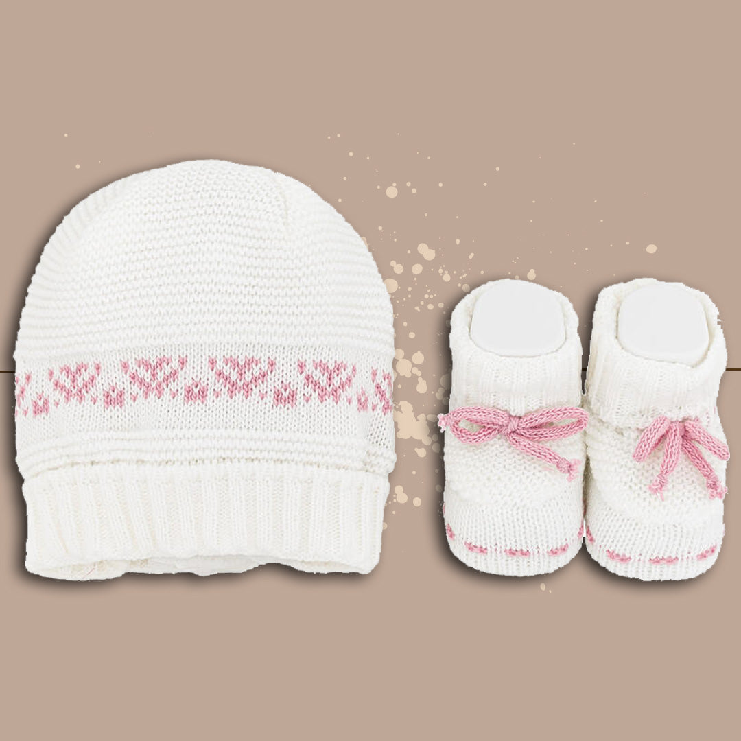 La Rocca Set cappellino e scarpette neonata femminuccia invernale in misto lana,panna-rosa 