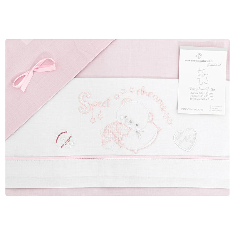 Nazareno Gabrielli® Lenzuolino Culla Ricamato 3PZ "SweetDreams" Rosa