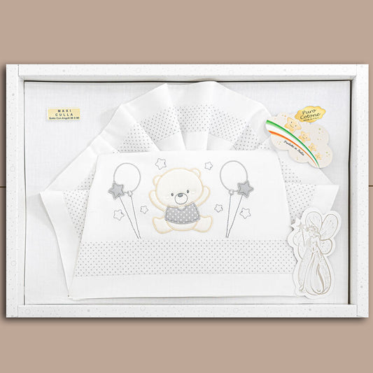 LaFatina Set Lenzuolo Next2Me 3 Pezzi Puro Cotone "OrsoBalloon" 03290N,Bianco-Grigio