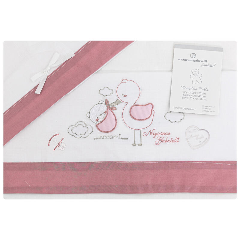 Nazareno Gabrielli® Lenzuolino Culla Ricamato 3PZ "EccomiQuì" Rosa