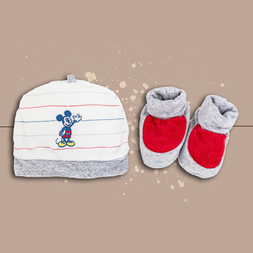 DisneyBaby Set Cappellino e Scarpine Mickey,Ciniglia,Panna-Grigio