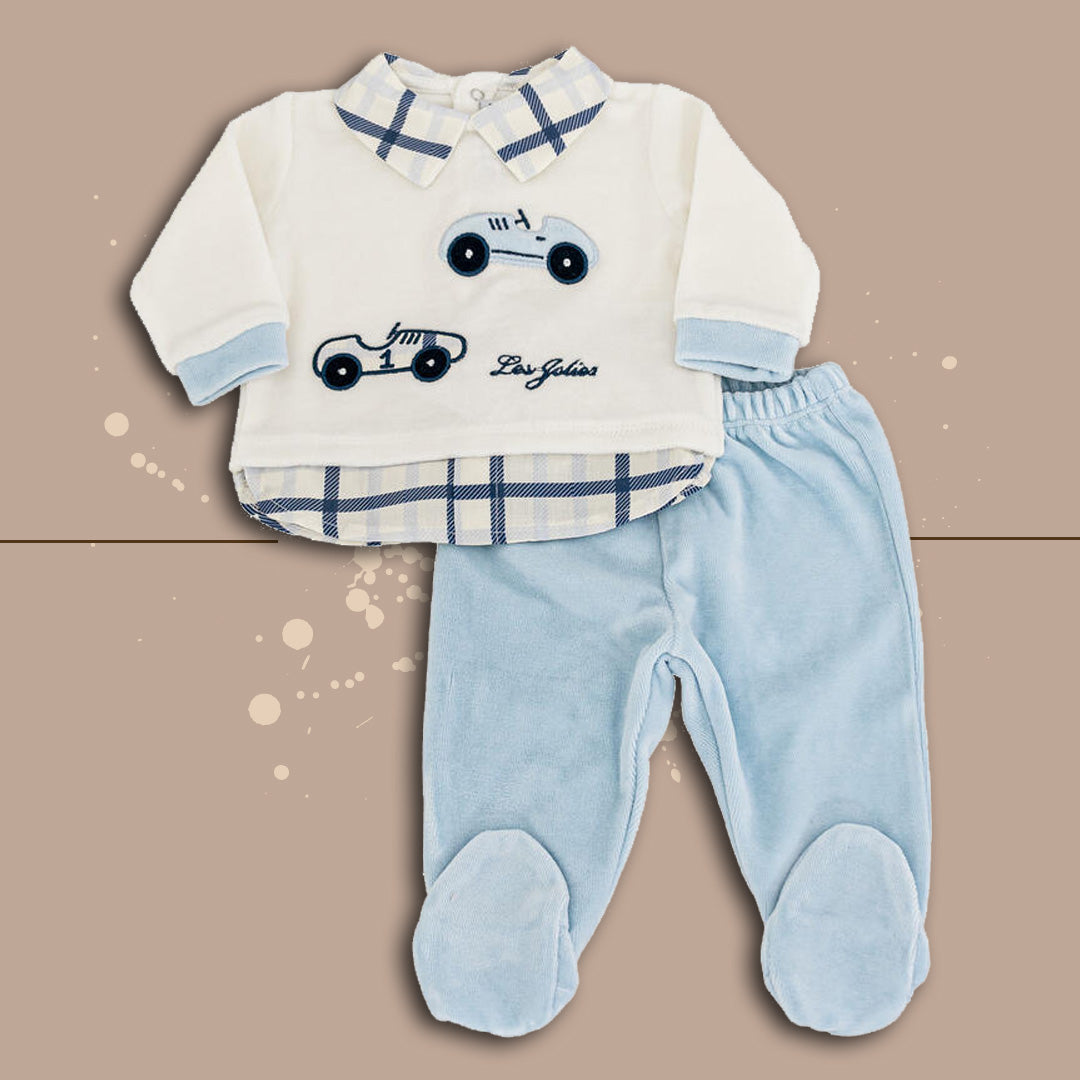 completino 2 pezzi neonato maschietto les jolies babycar ciniglia,panna-cielo