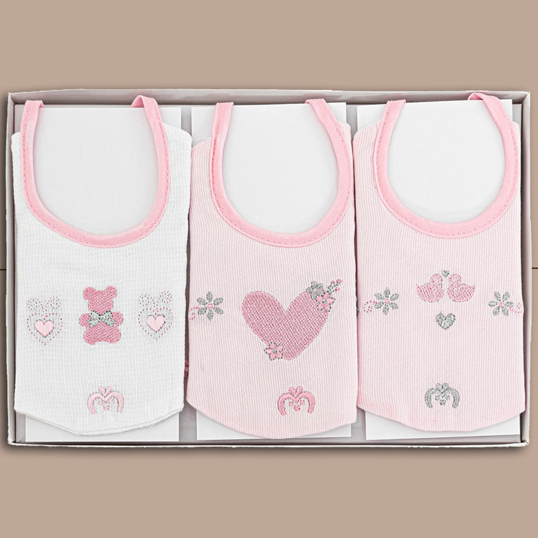 Melanie Box 3 Bavette Neonato Fantasie in Puro Cotone,Bianco-Rosa