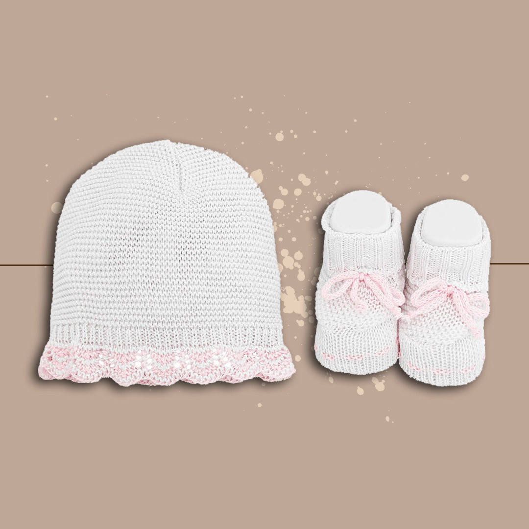 LaRocca Set Cappellino e Scarpette Neonata,Bianco-Rosa