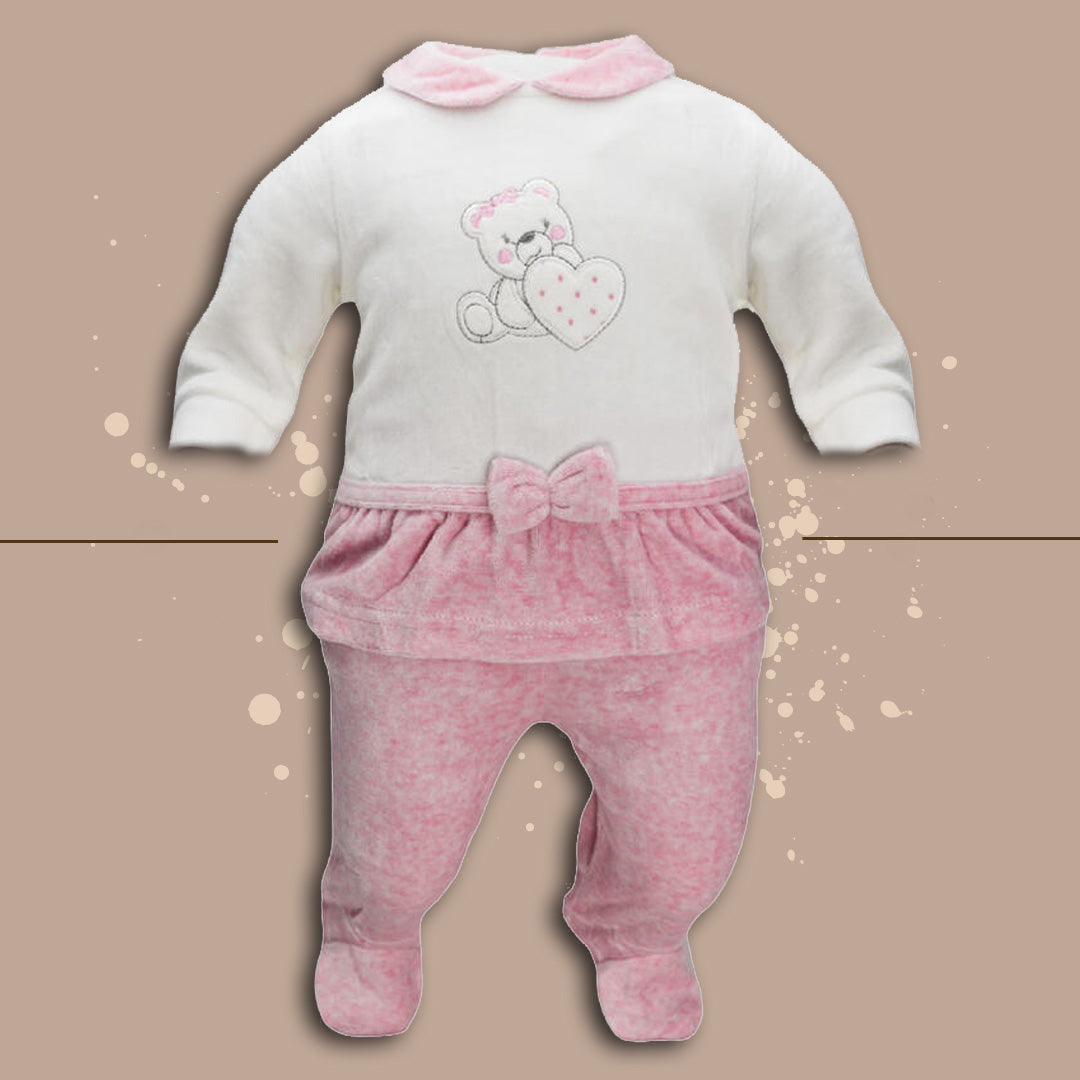 I Batuffolini Completino 2 Pezzi Ricamato HeartBear,Ciniglia,Panna-Rosa