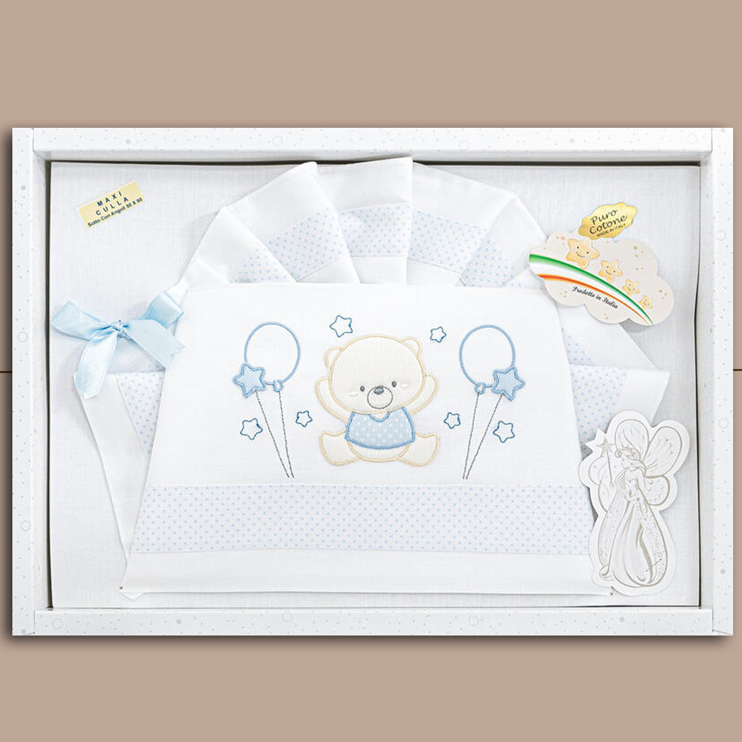 LaFatina Set Lenzuolo Next2Me 3 Pezzi Puro Cotone "OrsoBalloon" 03290N,Bianco-Cielo