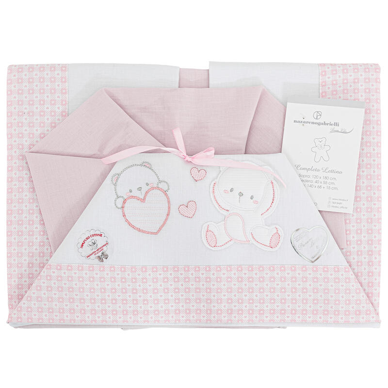 Nazareno Gabrielli® Lenzuolino Lettino Ricamato 3PZ "BearInLove" Rosa