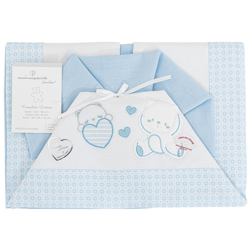 Nazareno Gabrielli® Lenzuolino Lettino Ricamato 3PZ "BearInLove" Cielo