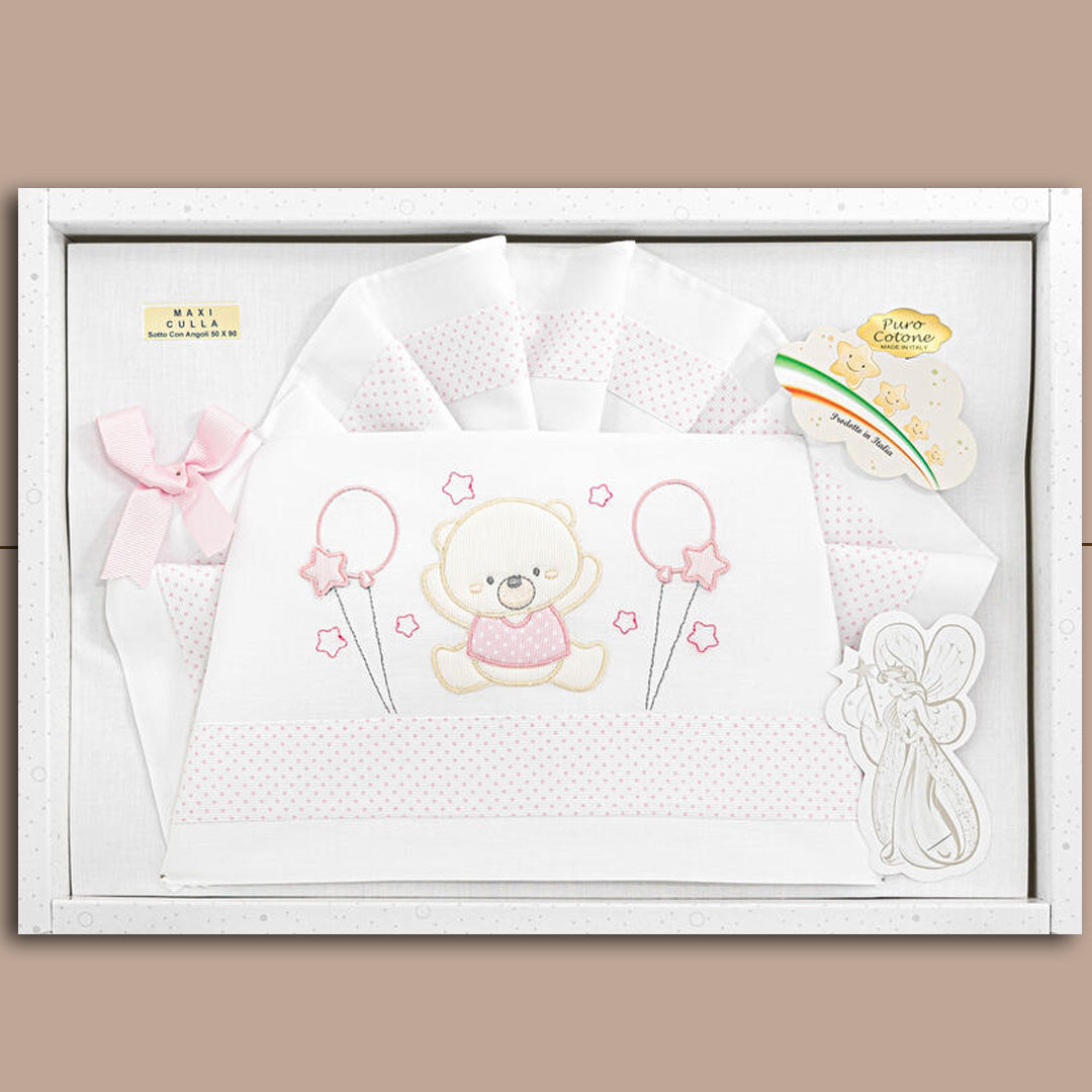 LaFatina Set Lenzuolo Next2Me 3 Pezzi Puro Cotone "OrsoBalloon" 03290N,Bianco-Rosa