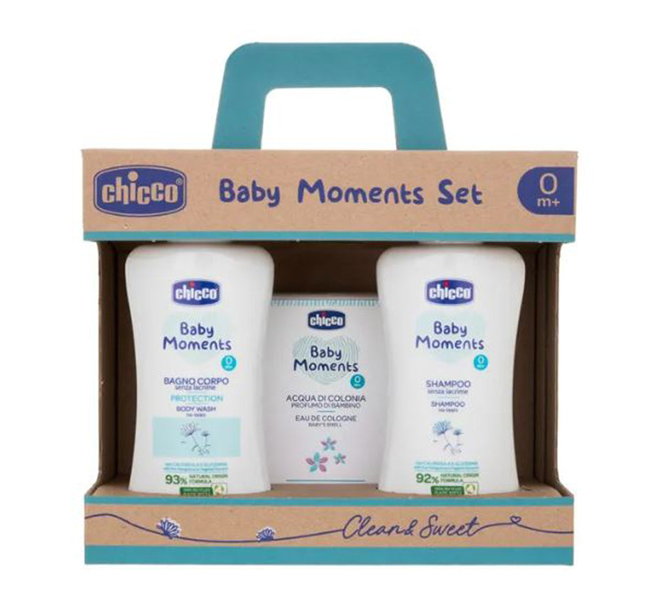 Chicco Baby Moments Set with 200ml Body Wash, 200ml Tear Free Shampoo, 100ml Cologne Water, 0 Months +