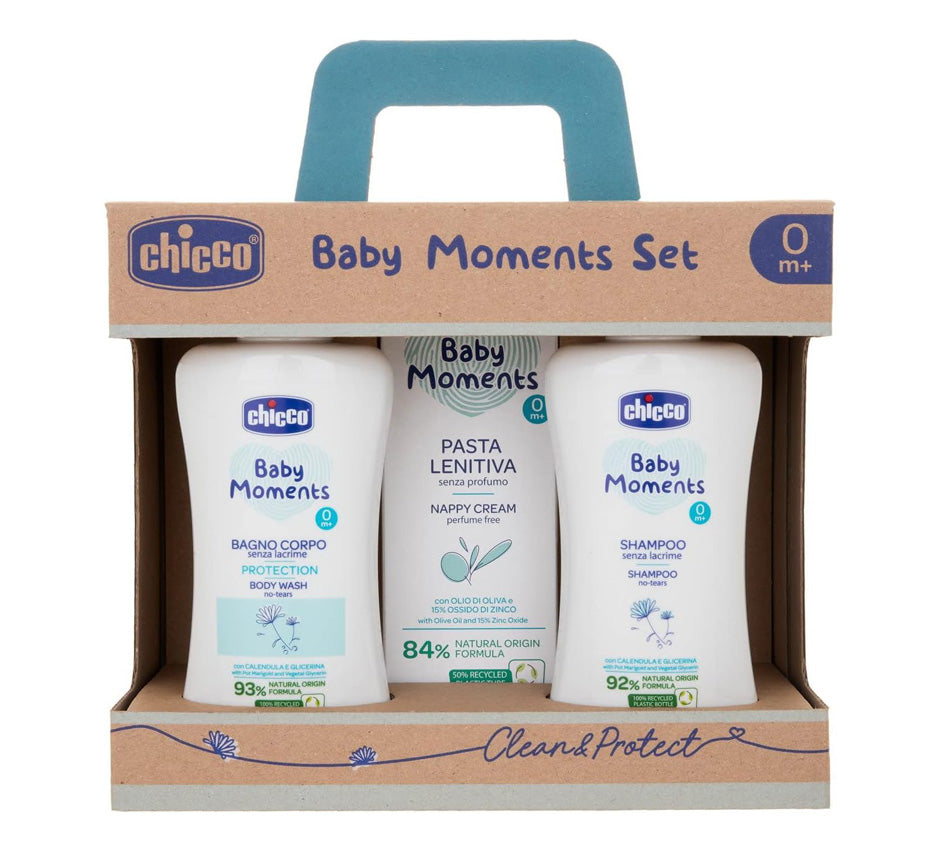 Chicco Baby Moments Set con Bagno Corpo da 200 Ml, Shampo Senza Lacrime da 200 ml, Pasta Lenitiva da 100 Ml, 0 Mesi +