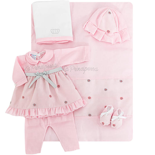 Coordonné Giulia Rosa, TAIE D'OREILLER + DRAP SUPÉRIEUR + Couvre-robe + Chaussure + Chapeau + 2 Bodys, 7 PCS