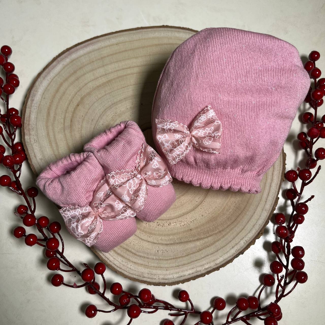 Caveja® Scarpetta + Cappello "FioccoRosè" Rosa Antico