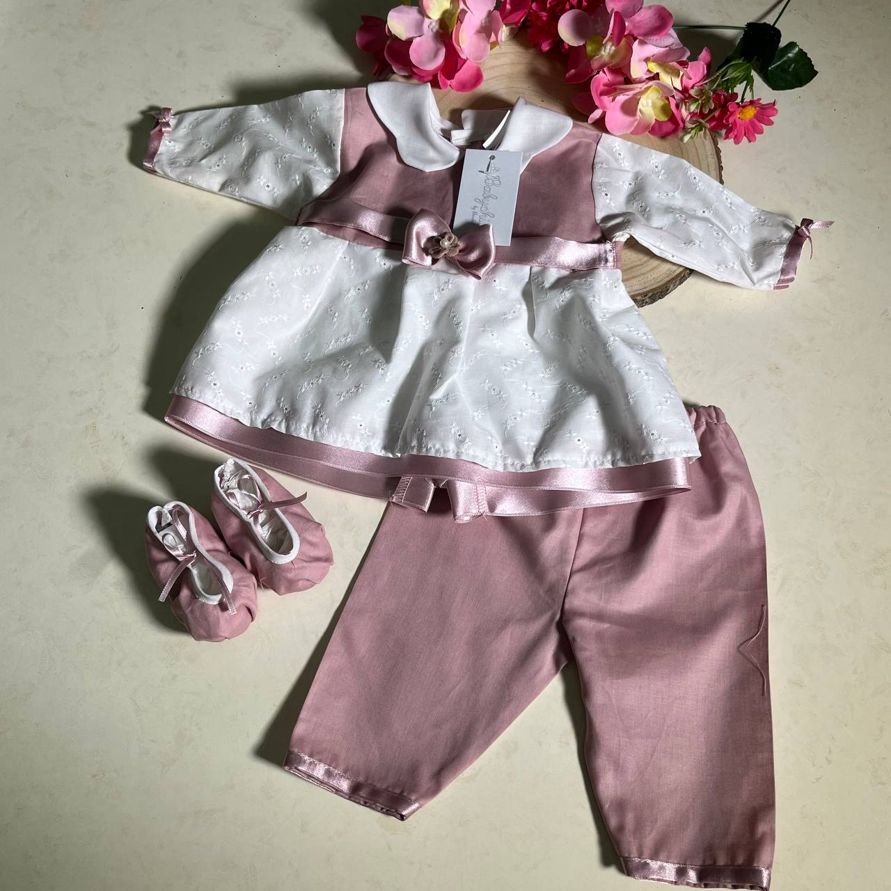 BabyChic Coordinato Nascita Neonata Pizzo San Gallo e Cotone,Bianco-Rosa Antico