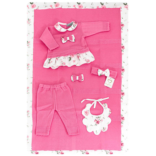 Coordinated Fuchsia Gold Puppies, Blanket + Head Wraps + Bib + Band + 2 Body, 6 PCS