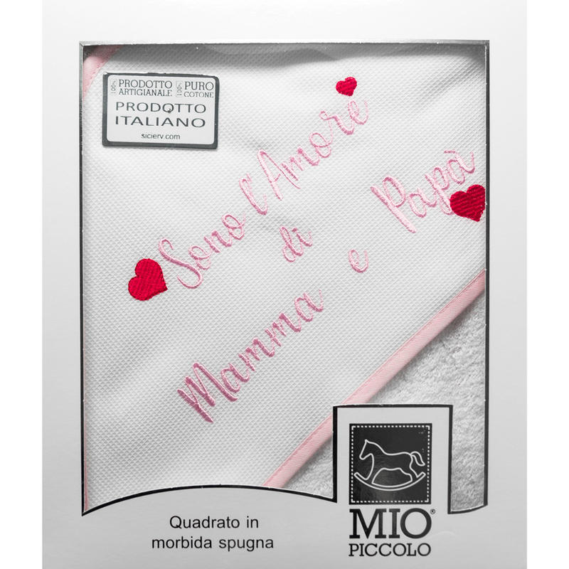 Accappatoio Triangolo Neonato MIOPICCOLO Amore di Mamma e Papà.Bianco-Rosa