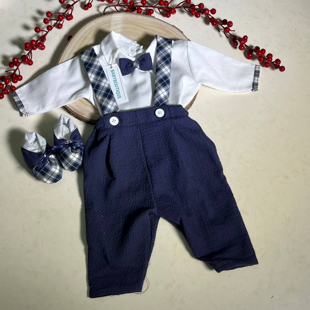 Completino Nascita Neonato Salopette con Papillon e Scarpette Bianco e Blu Navy - BabyChic