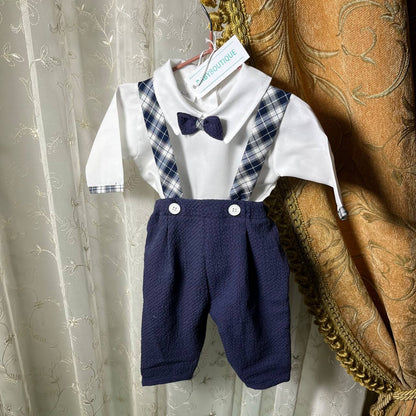 Coordinato BabyChic,Completo Camicina con Salopette + Scarpette,Blu Navy