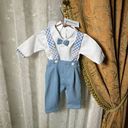 Coordinato BabyChic,Completo Camicina con Salopette + Scarpette,Cielo