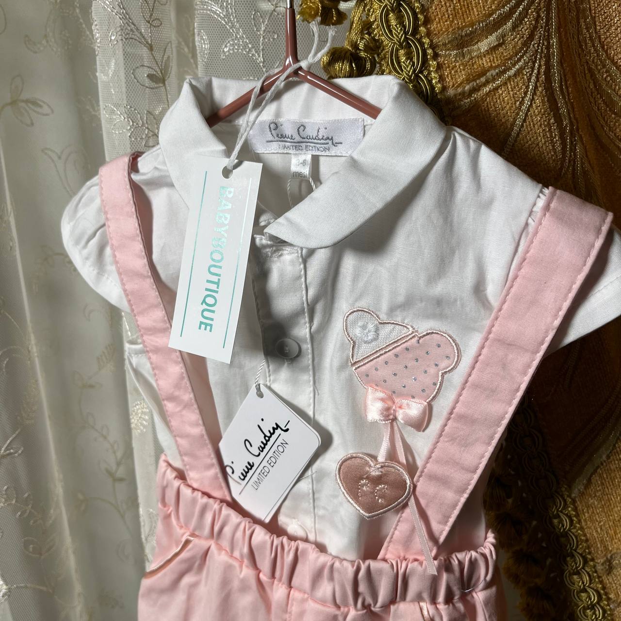 Pierre Cardin Limited Shirt and Overalls with Little Hearts Girl, 2Pcs