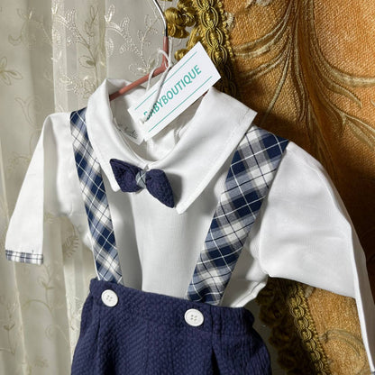 Coordinato BabyChic,Completo Camicina con Salopette + Scarpette,Blu Navy