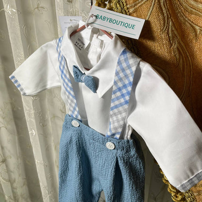 Coordinato BabyChic,Completo Camicina con Salopette + Scarpette,Cielo